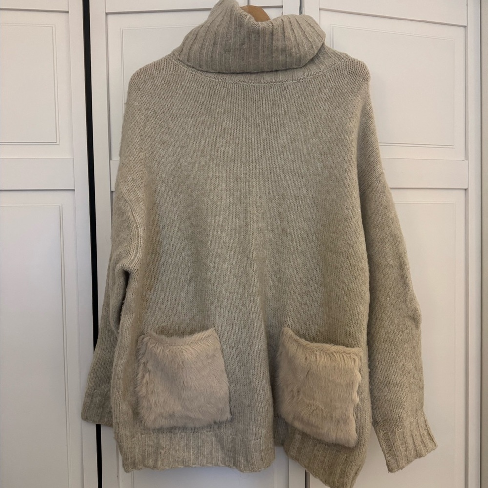 Zara Taupe Turtleneck Sweater with Faux Fur Pockets